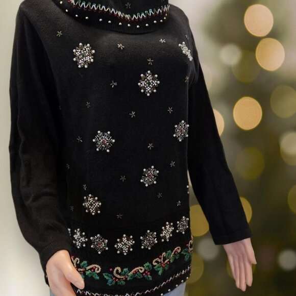 Vintage Christmas Sweater Beads Sequins Snowflakes Candy Canes - Picture 7 of 8